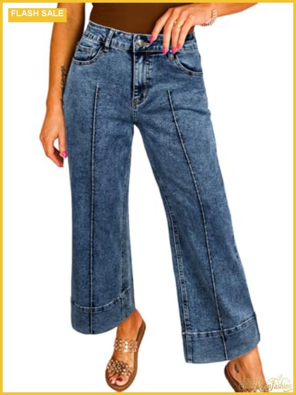 High Waisted Wide Leg Cropped Ankle Denim Jeans Stretch Cotton